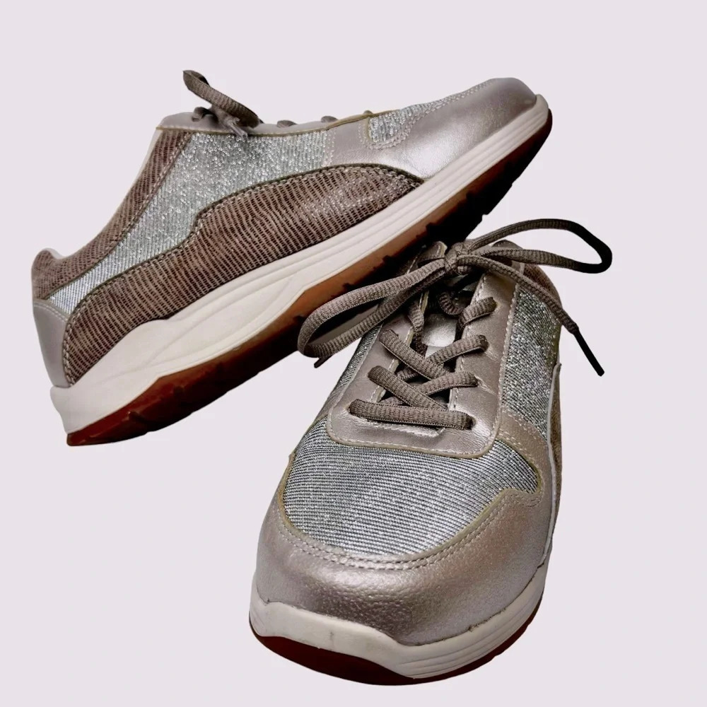 DREW Tuscany Sneaker in Pewter Leather/Glitter Mesh Size 9.5